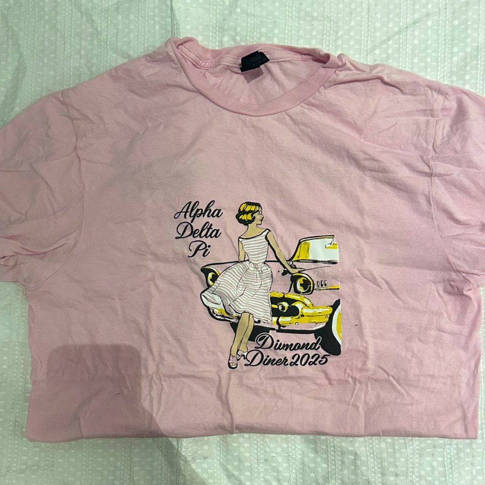 Gildan Pink Alpha Delta Pi Graphic Tee with Yellow & Black Accents